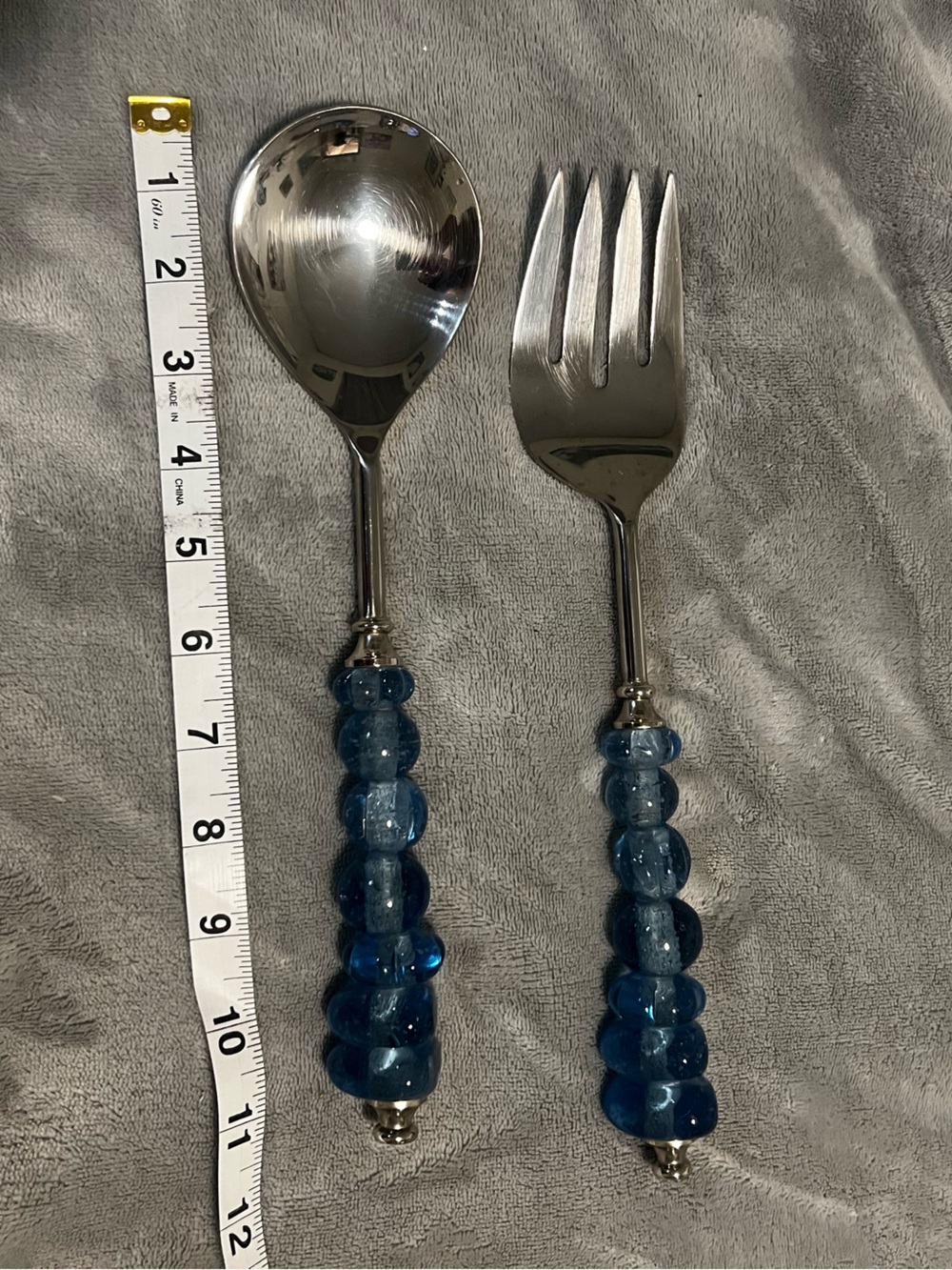 Vintage Oversized Serving Spoon Fork Blue accents
